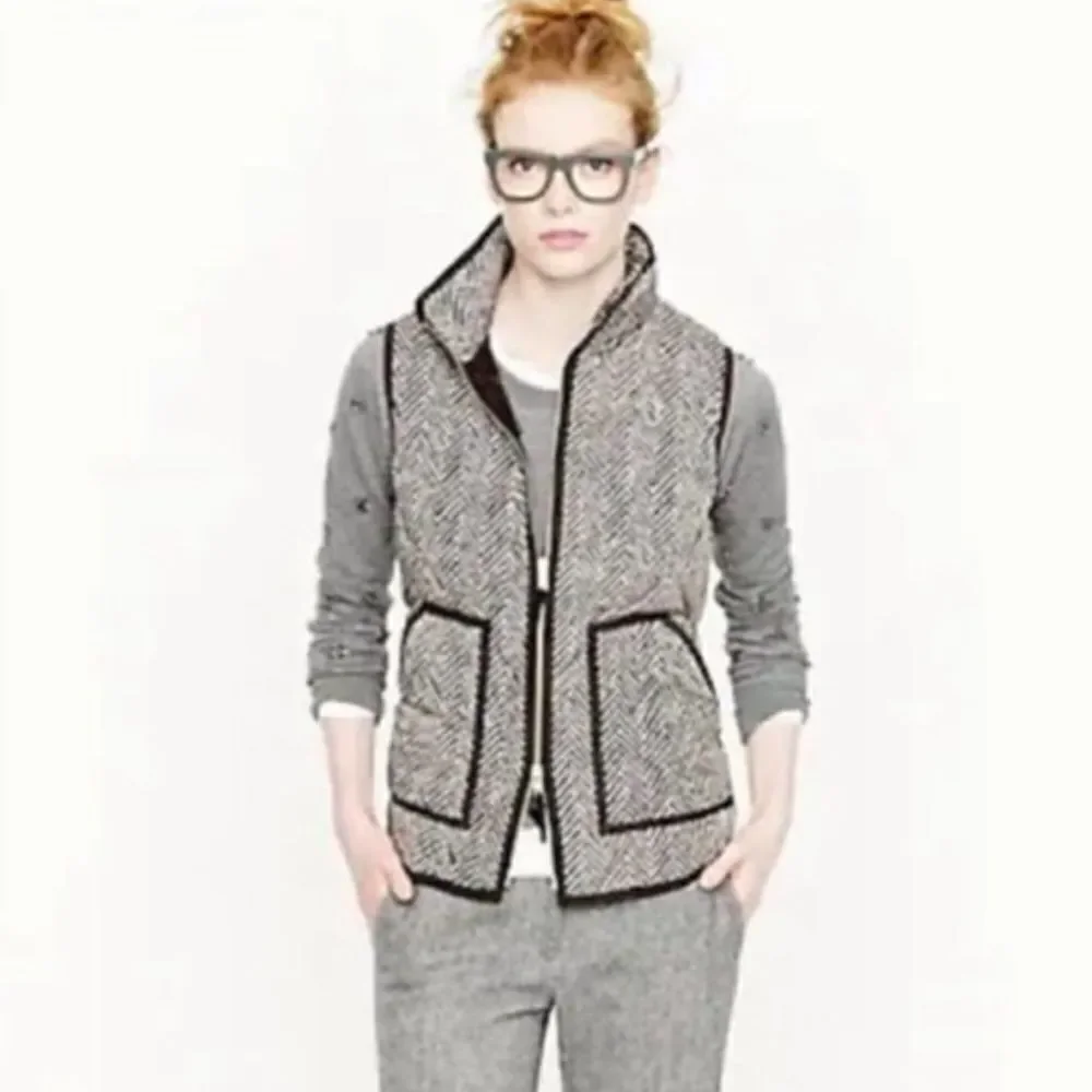 J. Crew Black Tan Herringbone Printed Quilted Puffer Zip Front Vest